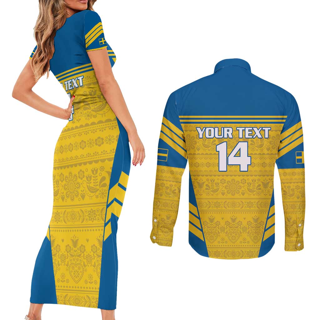 Custom Sweden Football Couples Matching Short Sleeve Bodycon Dress and Long Sleeve Button Shirt Go Blagult - Scandinavian Pattern - Wonder Print Shop