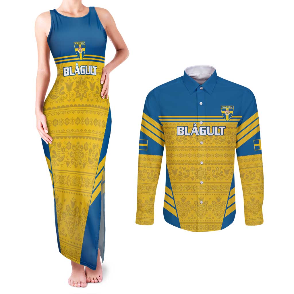 Custom Sweden Football Couples Matching Tank Maxi Dress and Long Sleeve Button Shirt Go Blagult - Scandinavian Pattern - Wonder Print Shop