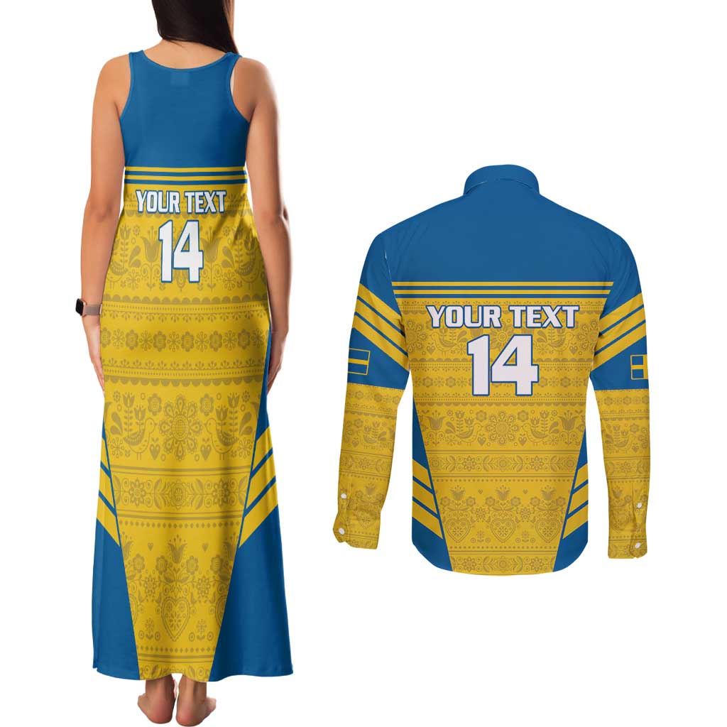 Custom Sweden Football Couples Matching Tank Maxi Dress and Long Sleeve Button Shirt Go Blagult - Scandinavian Pattern - Wonder Print Shop