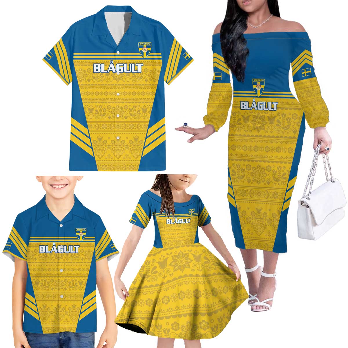 Custom Sweden Football Family Matching Off The Shoulder Long Sleeve Dress and Hawaiian Shirt Go Blagult - Scandinavian Pattern - Wonder Print Shop