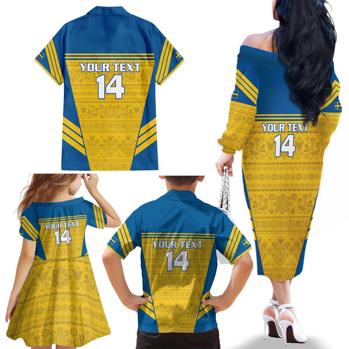 Custom Sweden Football Family Matching Off The Shoulder Long Sleeve Dress and Hawaiian Shirt Go Blagult - Scandinavian Pattern - Wonder Print Shop
