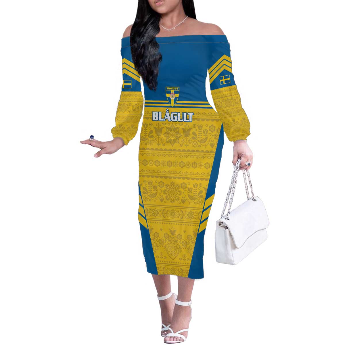 Custom Sweden Football Family Matching Off The Shoulder Long Sleeve Dress and Hawaiian Shirt Go Blagult - Scandinavian Pattern - Wonder Print Shop