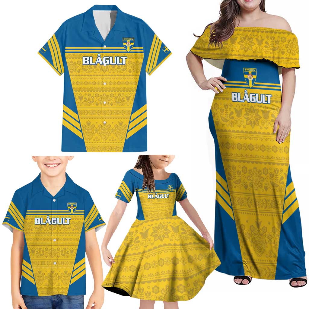 Custom Sweden Football Family Matching Off Shoulder Maxi Dress and Hawaiian Shirt Go Blagult - Scandinavian Pattern - Wonder Print Shop