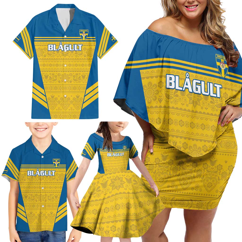 Custom Sweden Football Family Matching Off Shoulder Short Dress and Hawaiian Shirt Go Blagult - Scandinavian Pattern - Wonder Print Shop