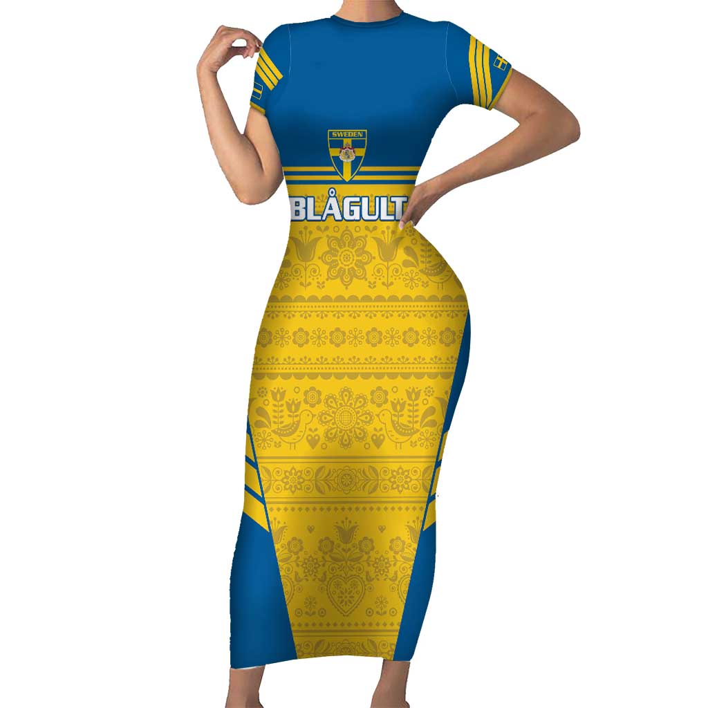Custom Sweden Football Short Sleeve Bodycon Dress Go Blagult - Scandinavian Pattern - Wonder Print Shop