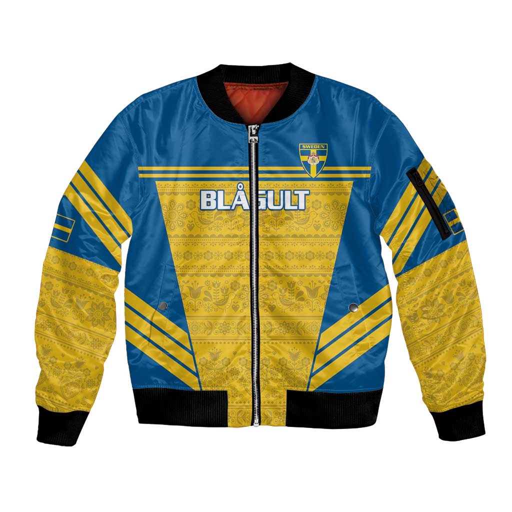 Custom Sweden Football Sleeve Zip Bomber Jacket Go Blagult - Scandinavian Pattern - Wonder Print Shop