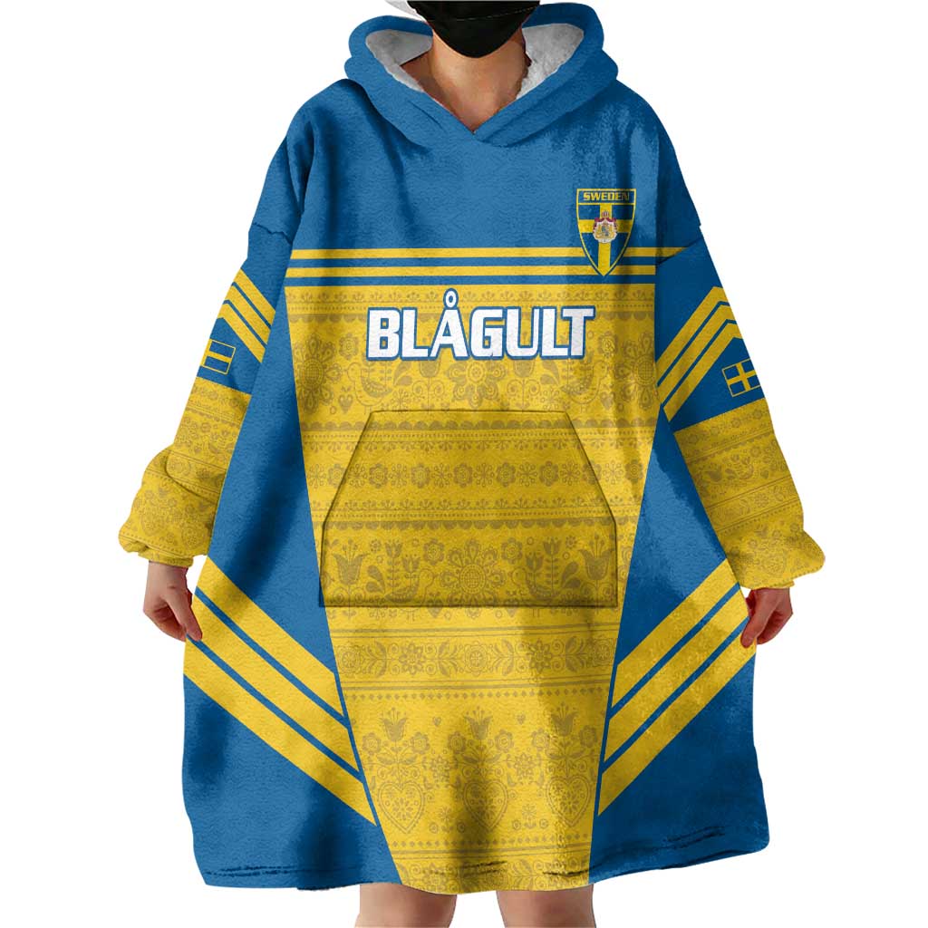 Custom Sweden Football Wearable Blanket Hoodie Go Blagult - Scandinavian Pattern - Wonder Print Shop