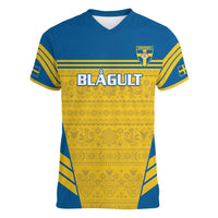 Custom Sweden Football Women V-Neck T-Shirt Go Blagult - Scandinavian Pattern - Wonder Print Shop