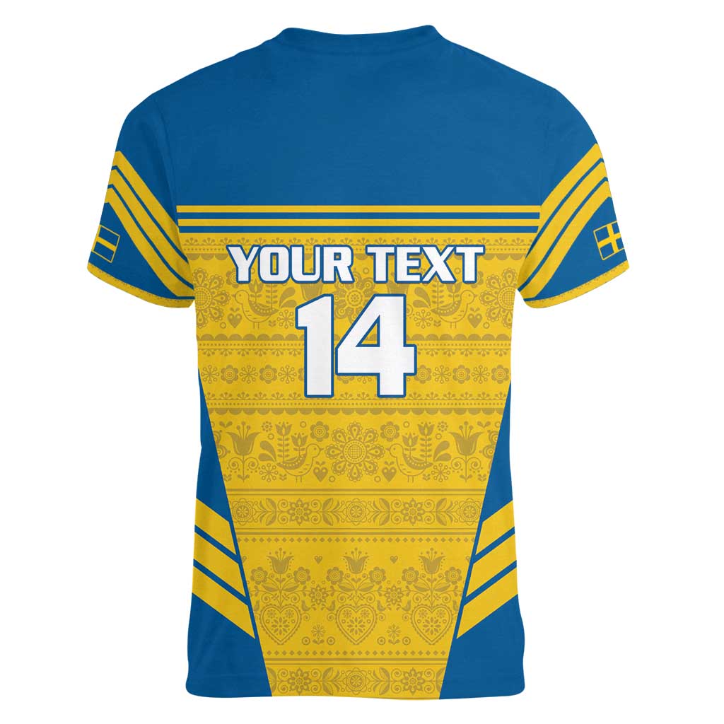 Custom Sweden Football Women V-Neck T-Shirt Go Blagult - Scandinavian Pattern - Wonder Print Shop