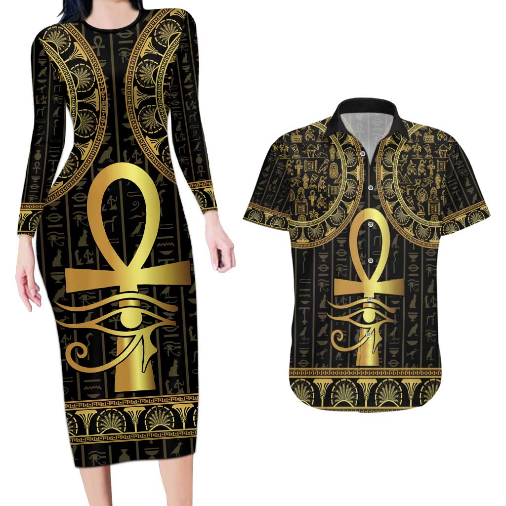 Ancient Egypt Ankh and Eye Of Horus Couples Matching Long Sleeve Bodycon Dress and Hawaiian Shirt Egyptian Hieroglyphs - Wonder Print Shop