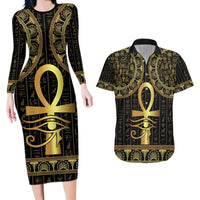 Ancient Egypt Ankh and Eye Of Horus Couples Matching Long Sleeve Bodycon Dress and Hawaiian Shirt Egyptian Hieroglyphs - Wonder Print Shop