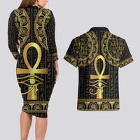 Ancient Egypt Ankh and Eye Of Horus Couples Matching Long Sleeve Bodycon Dress and Hawaiian Shirt Egyptian Hieroglyphs - Wonder Print Shop