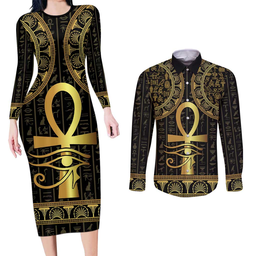 Ancient Egypt Ankh and Eye Of Horus Couples Matching Long Sleeve Bodycon Dress and Long Sleeve Button Shirt Egyptian Hieroglyphs - Wonder Print Shop