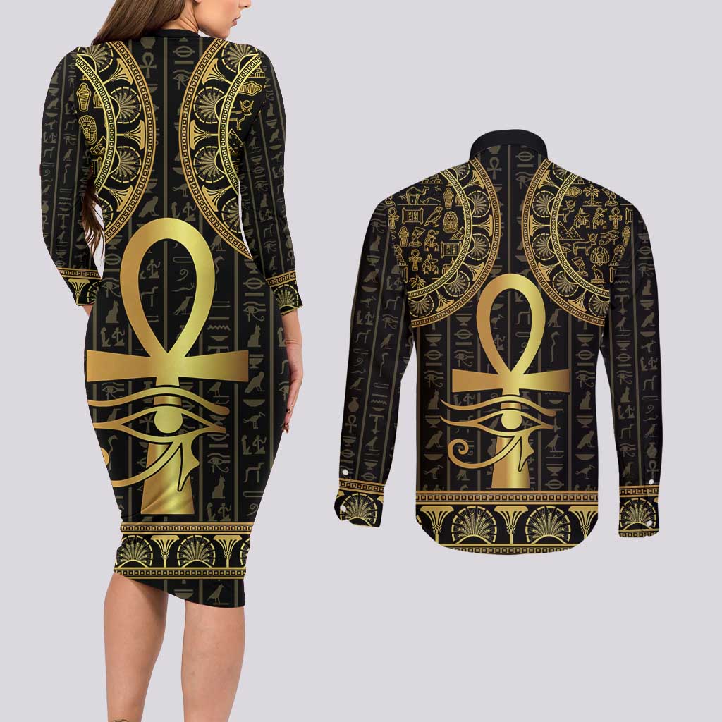 Ancient Egypt Ankh and Eye Of Horus Couples Matching Long Sleeve Bodycon Dress and Long Sleeve Button Shirt Egyptian Hieroglyphs - Wonder Print Shop