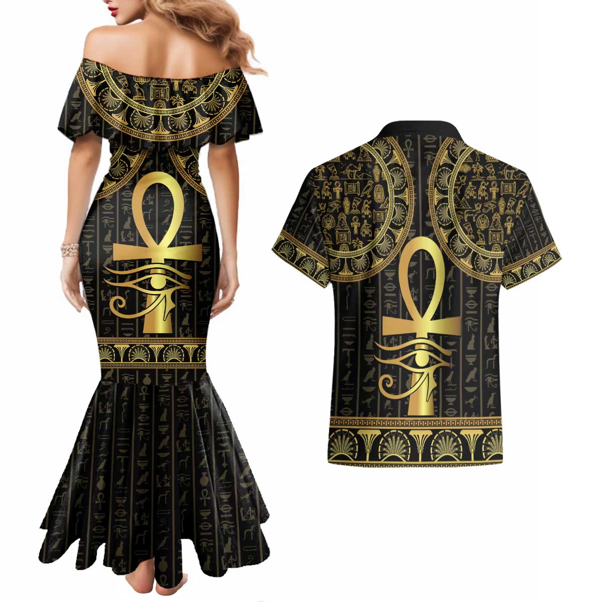 Ancient Egypt Ankh and Eye Of Horus Couples Matching Mermaid Dress and Hawaiian Shirt Egyptian Hieroglyphs - Wonder Print Shop
