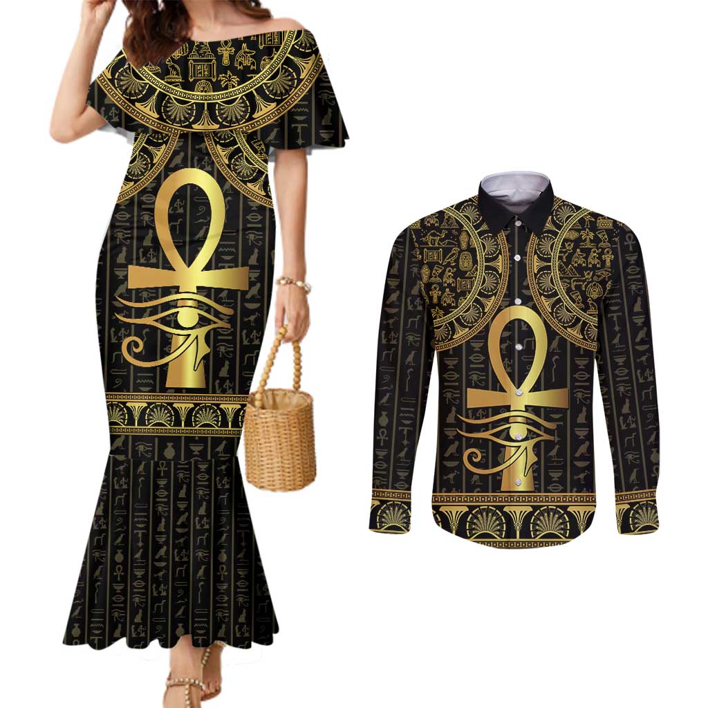 Ancient Egypt Ankh and Eye Of Horus Couples Matching Mermaid Dress and Long Sleeve Button Shirt Egyptian Hieroglyphs
