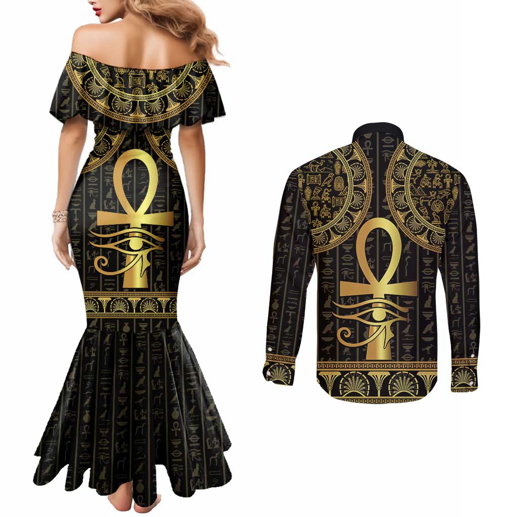Ancient Egypt Ankh and Eye Of Horus Couples Matching Mermaid Dress and Long Sleeve Button Shirt Egyptian Hieroglyphs