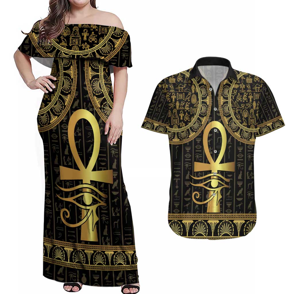 Ancient Egypt Ankh and Eye Of Horus Couples Matching Off Shoulder Maxi Dress and Hawaiian Shirt Egyptian Hieroglyphs - Wonder Print Shop