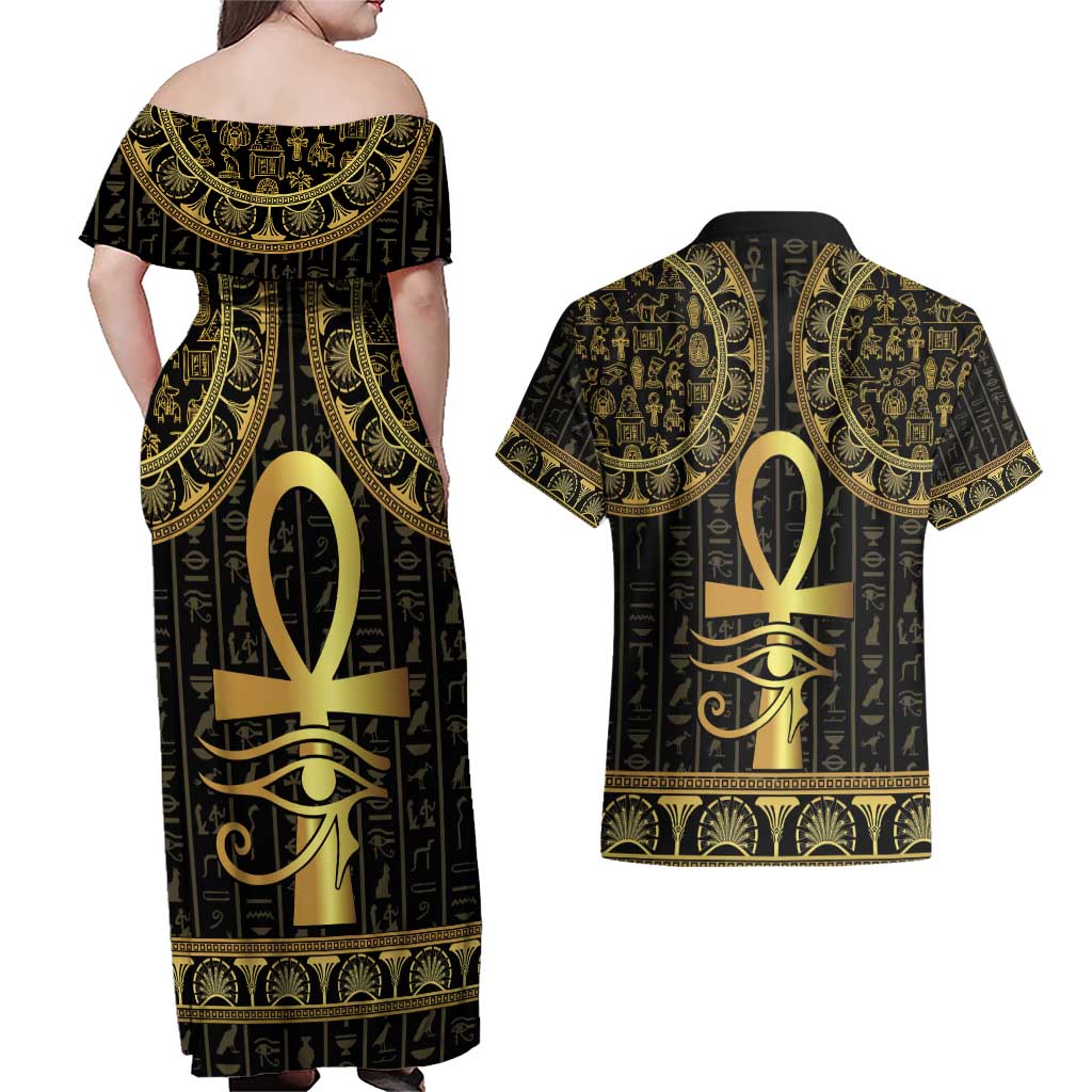 Ancient Egypt Ankh and Eye Of Horus Couples Matching Off Shoulder Maxi Dress and Hawaiian Shirt Egyptian Hieroglyphs - Wonder Print Shop