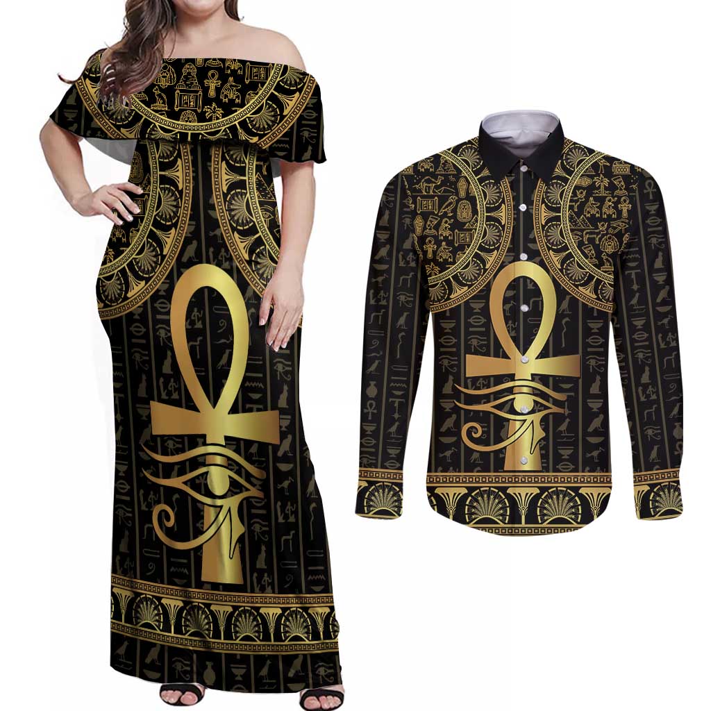 Ancient Egypt Ankh and Eye Of Horus Couples Matching Off Shoulder Maxi Dress and Long Sleeve Button Shirt Egyptian Hieroglyphs - Wonder Print Shop