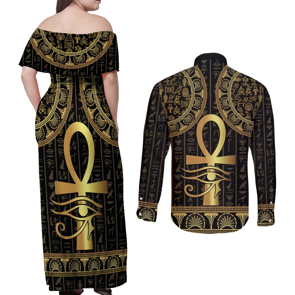 Ancient Egypt Ankh and Eye Of Horus Couples Matching Off Shoulder Maxi Dress and Long Sleeve Button Shirt Egyptian Hieroglyphs - Wonder Print Shop