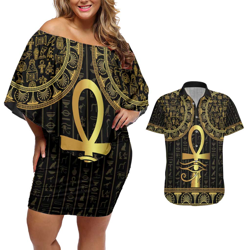 Ancient Egypt Ankh and Eye Of Horus Couples Matching Off Shoulder Short Dress and Hawaiian Shirt Egyptian Hieroglyphs - Wonder Print Shop