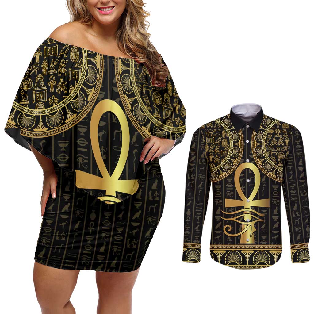 Ancient Egypt Ankh and Eye Of Horus Couples Matching Off Shoulder Short Dress and Long Sleeve Button Shirt Egyptian Hieroglyphs - Wonder Print Shop