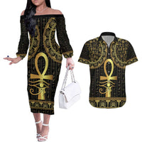 Ancient Egypt Ankh and Eye Of Horus Couples Matching Off The Shoulder Long Sleeve Dress and Hawaiian Shirt Egyptian Hieroglyphs - Wonder Print Shop