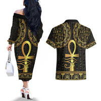 Ancient Egypt Ankh and Eye Of Horus Couples Matching Off The Shoulder Long Sleeve Dress and Hawaiian Shirt Egyptian Hieroglyphs - Wonder Print Shop