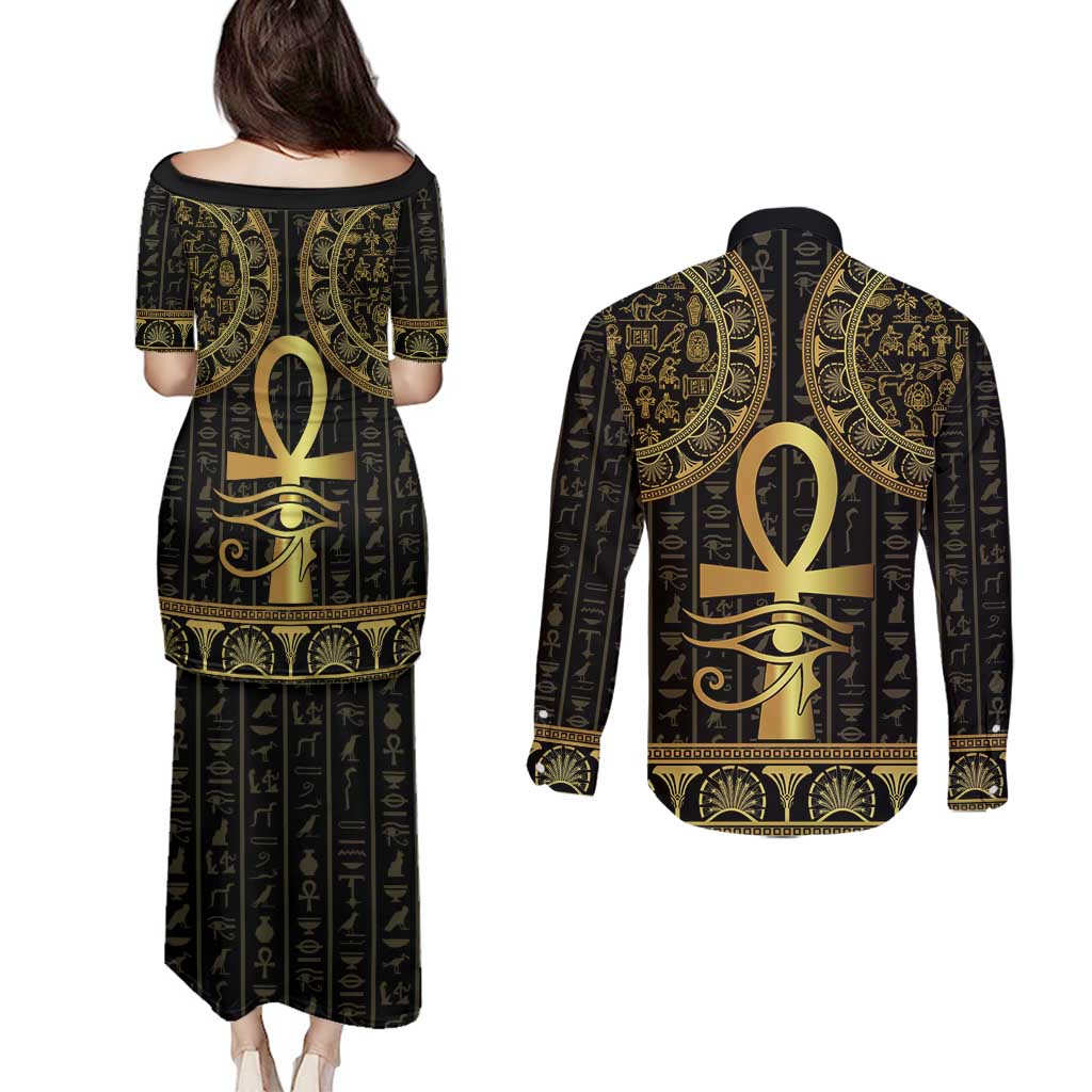 Ancient Egypt Ankh and Eye Of Horus Couples Matching Puletasi and Long Sleeve Button Shirt Egyptian Hieroglyphs - Wonder Print Shop