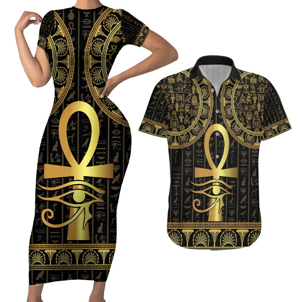 Ancient Egypt Ankh and Eye Of Horus Couples Matching Short Sleeve Bodycon Dress and Hawaiian Shirt Egyptian Hieroglyphs - Wonder Print Shop