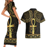Ancient Egypt Ankh and Eye Of Horus Couples Matching Short Sleeve Bodycon Dress and Hawaiian Shirt Egyptian Hieroglyphs - Wonder Print Shop