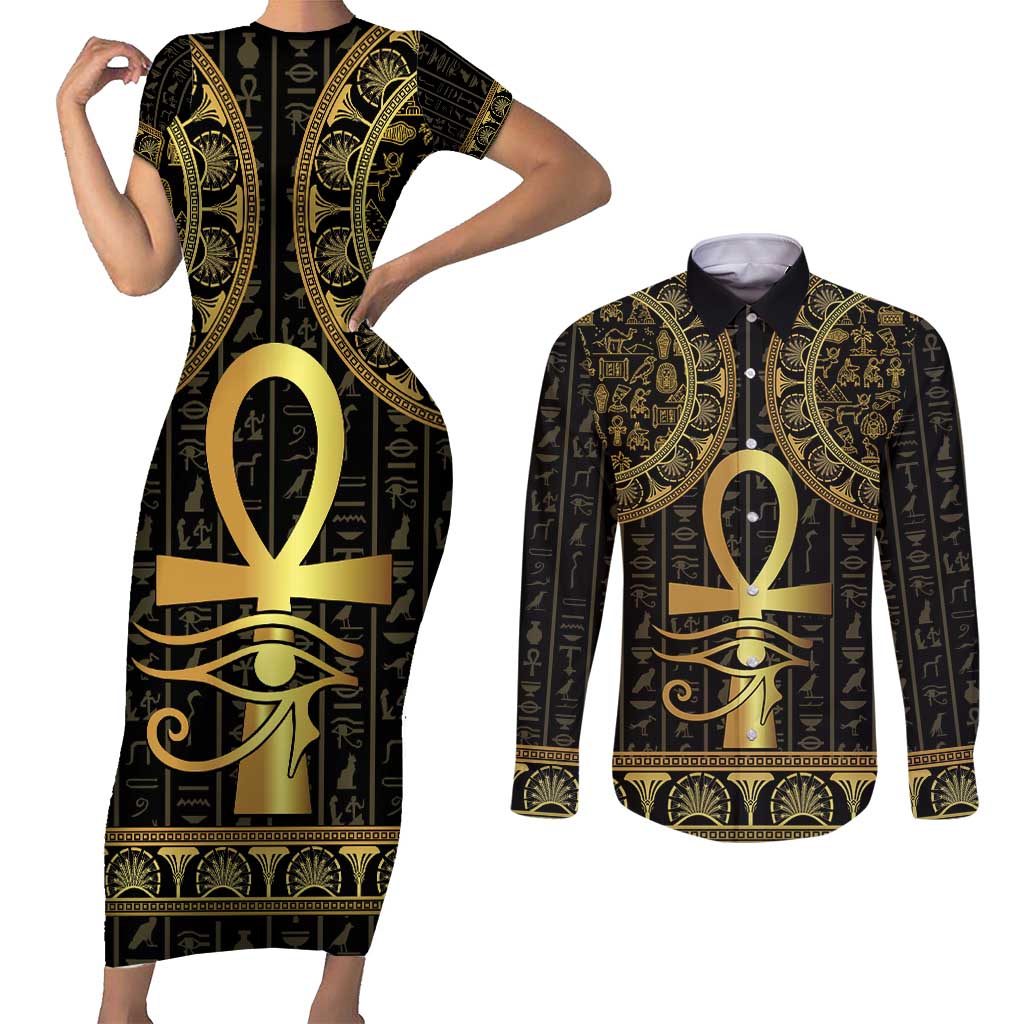 Ancient Egypt Ankh and Eye Of Horus Couples Matching Short Sleeve Bodycon Dress and Long Sleeve Button Shirt Egyptian Hieroglyphs - Wonder Print Shop