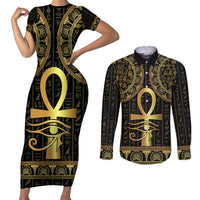 Ancient Egypt Ankh and Eye Of Horus Couples Matching Short Sleeve Bodycon Dress and Long Sleeve Button Shirt Egyptian Hieroglyphs - Wonder Print Shop