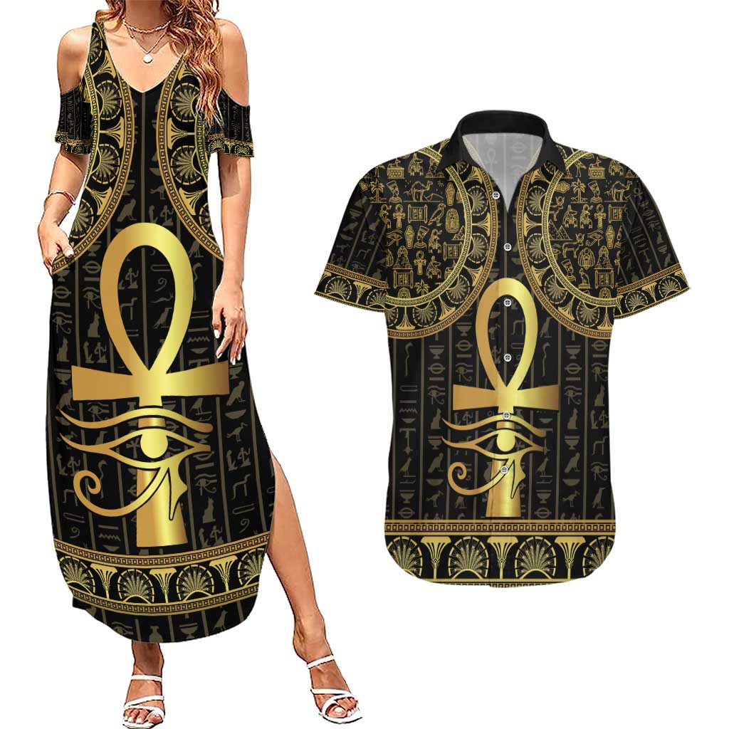 Ancient Egypt Ankh and Eye Of Horus Couples Matching Summer Maxi Dress and Hawaiian Shirt Egyptian Hieroglyphs - Wonder Print Shop