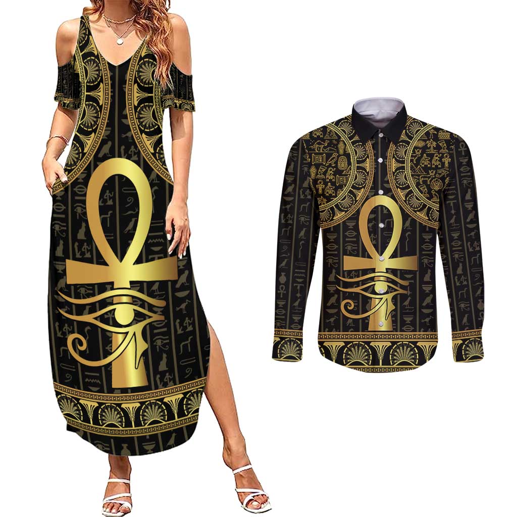 Ancient Egypt Ankh and Eye Of Horus Couples Matching Summer Maxi Dress and Long Sleeve Button Shirt Egyptian Hieroglyphs - Wonder Print Shop