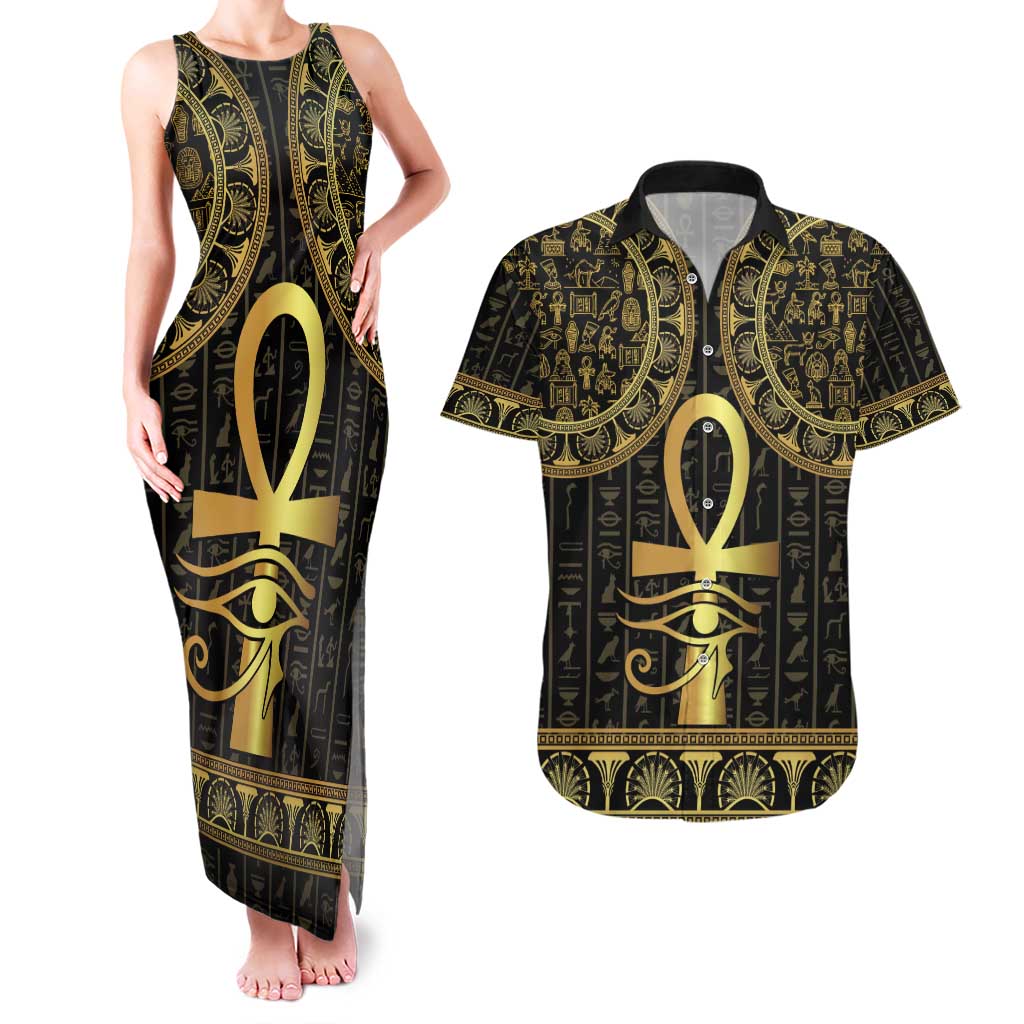 Ancient Egypt Ankh and Eye Of Horus Couples Matching Tank Maxi Dress and Hawaiian Shirt Egyptian Hieroglyphs - Wonder Print Shop