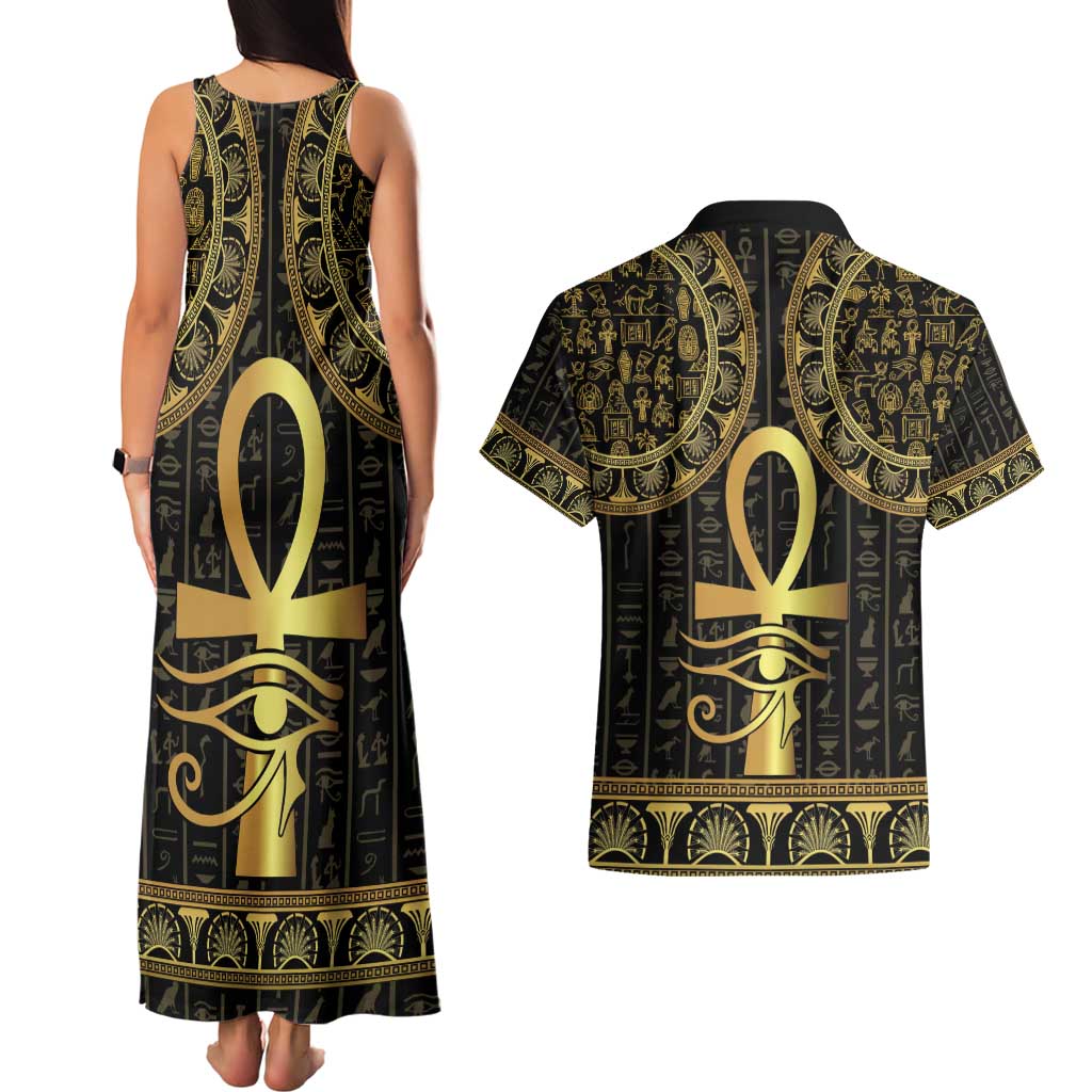 Ancient Egypt Ankh and Eye Of Horus Couples Matching Tank Maxi Dress and Hawaiian Shirt Egyptian Hieroglyphs - Wonder Print Shop