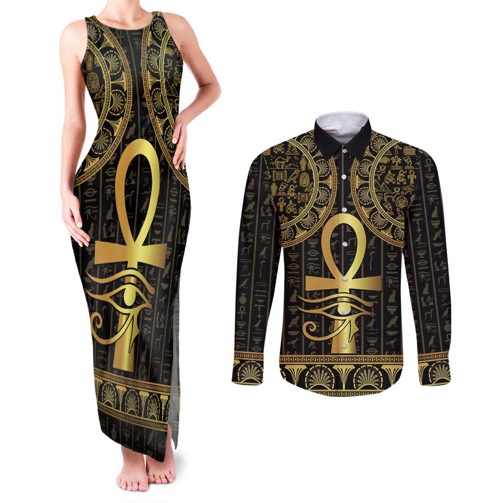 Ancient Egypt Ankh and Eye Of Horus Couples Matching Tank Maxi Dress and Long Sleeve Button Shirt Egyptian Hieroglyphs - Wonder Print Shop