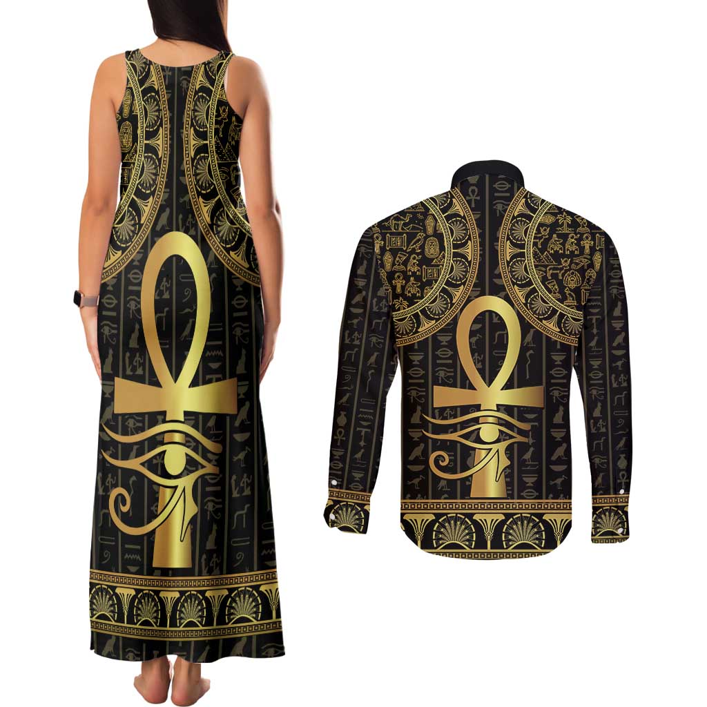 Ancient Egypt Ankh and Eye Of Horus Couples Matching Tank Maxi Dress and Long Sleeve Button Shirt Egyptian Hieroglyphs - Wonder Print Shop