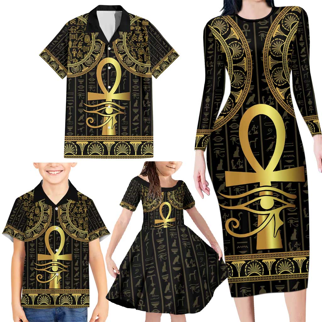 Ancient Egypt Ankh and Eye Of Horus Family Matching Long Sleeve Bodycon Dress and Hawaiian Shirt Egyptian Hieroglyphs - Wonder Print Shop