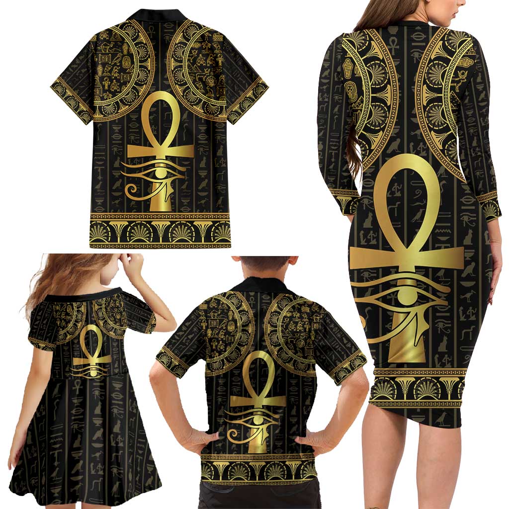 Ancient Egypt Ankh and Eye Of Horus Family Matching Long Sleeve Bodycon Dress and Hawaiian Shirt Egyptian Hieroglyphs - Wonder Print Shop