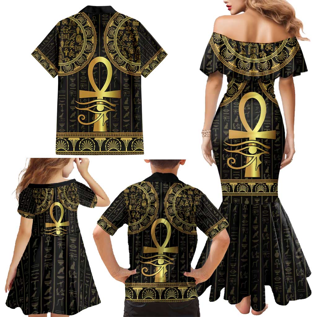 Ancient Egypt Ankh and Eye Of Horus Family Matching Mermaid Dress and Hawaiian Shirt Egyptian Hieroglyphs - Wonder Print Shop