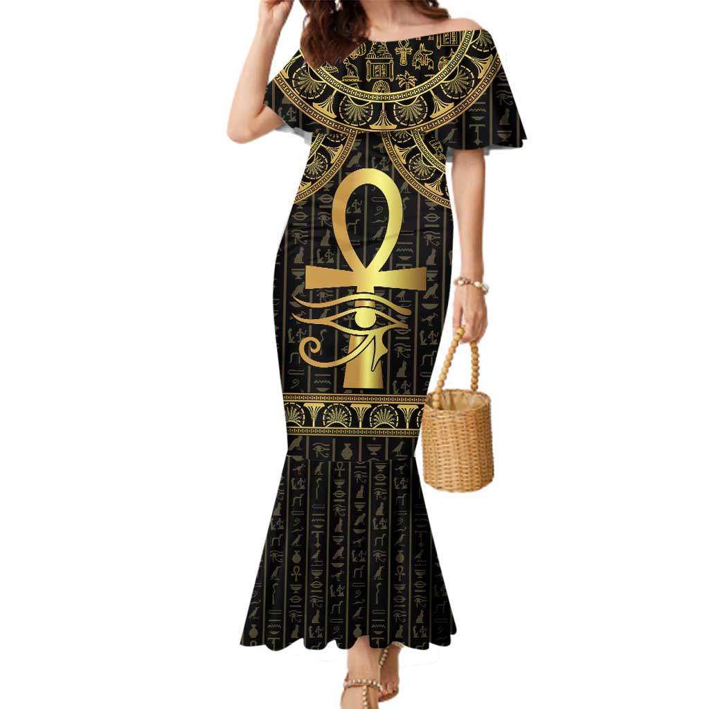 Ancient Egypt Ankh and Eye Of Horus Family Matching Mermaid Dress and Hawaiian Shirt Egyptian Hieroglyphs - Wonder Print Shop