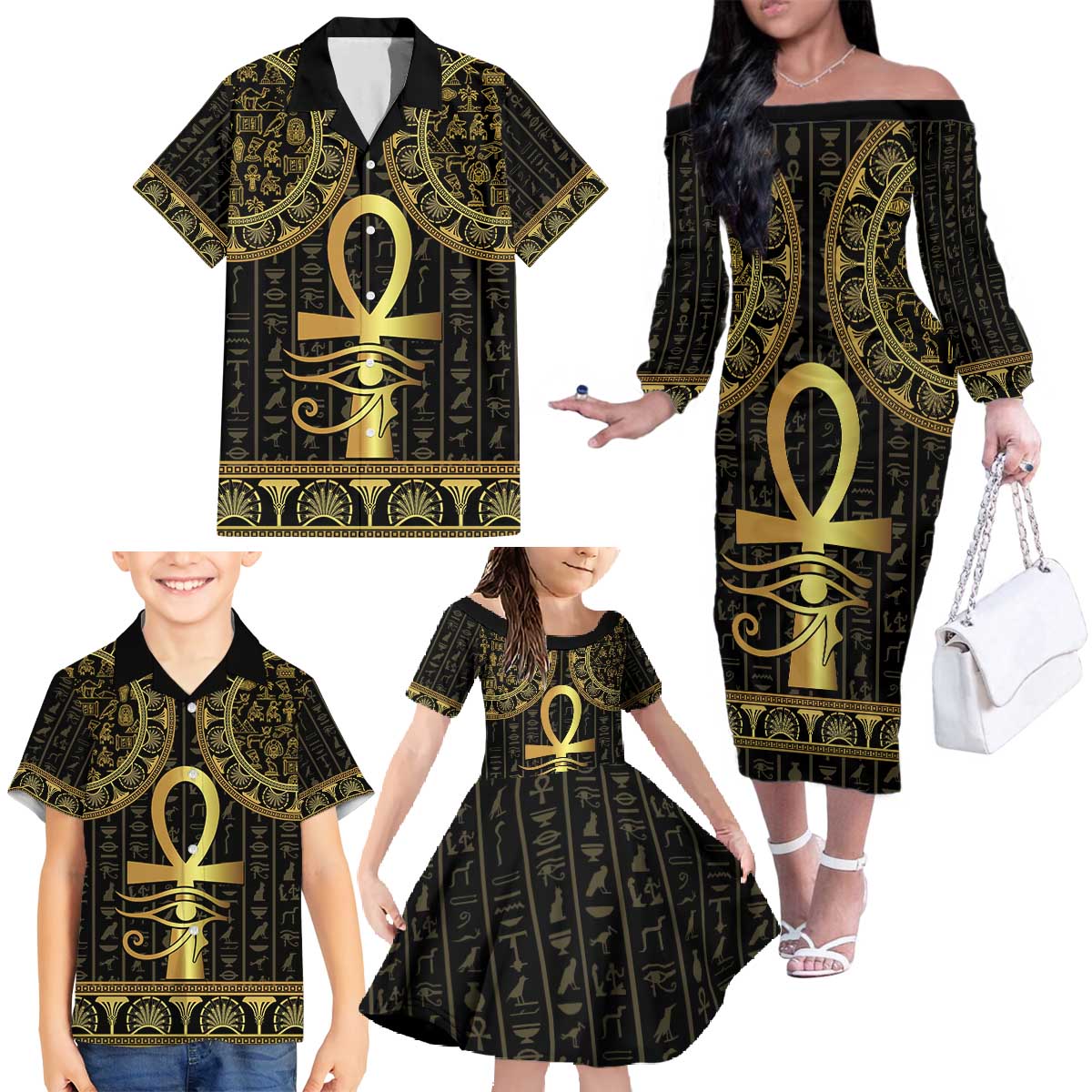 Ancient Egypt Ankh and Eye Of Horus Family Matching Off The Shoulder Long Sleeve Dress and Hawaiian Shirt Egyptian Hieroglyphs - Wonder Print Shop