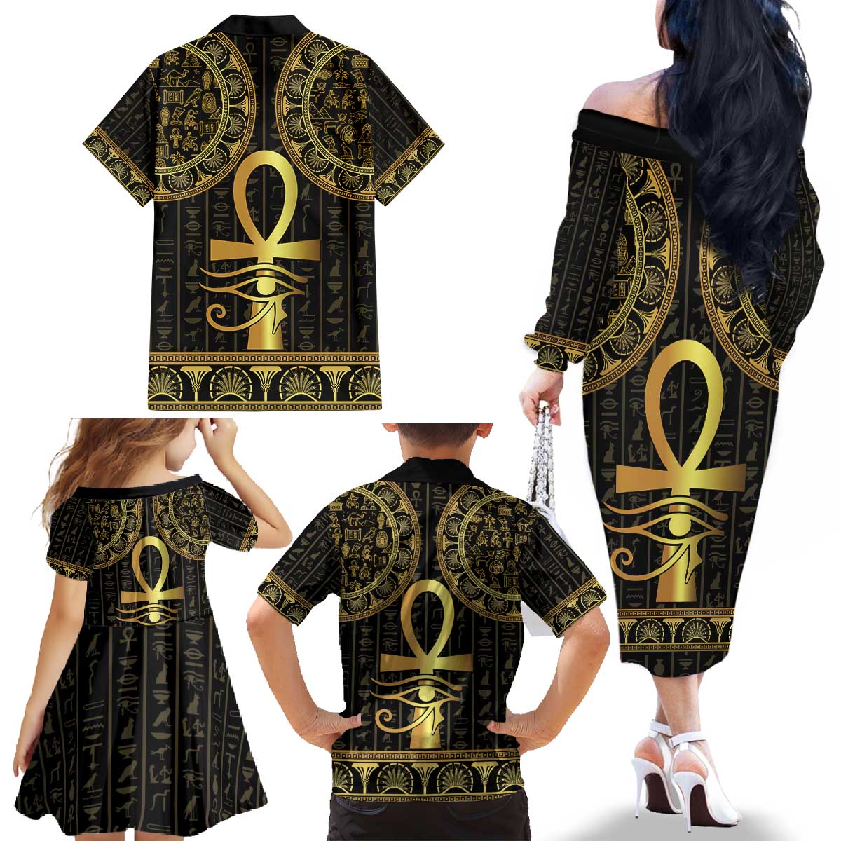 Ancient Egypt Ankh and Eye Of Horus Family Matching Off The Shoulder Long Sleeve Dress and Hawaiian Shirt Egyptian Hieroglyphs - Wonder Print Shop