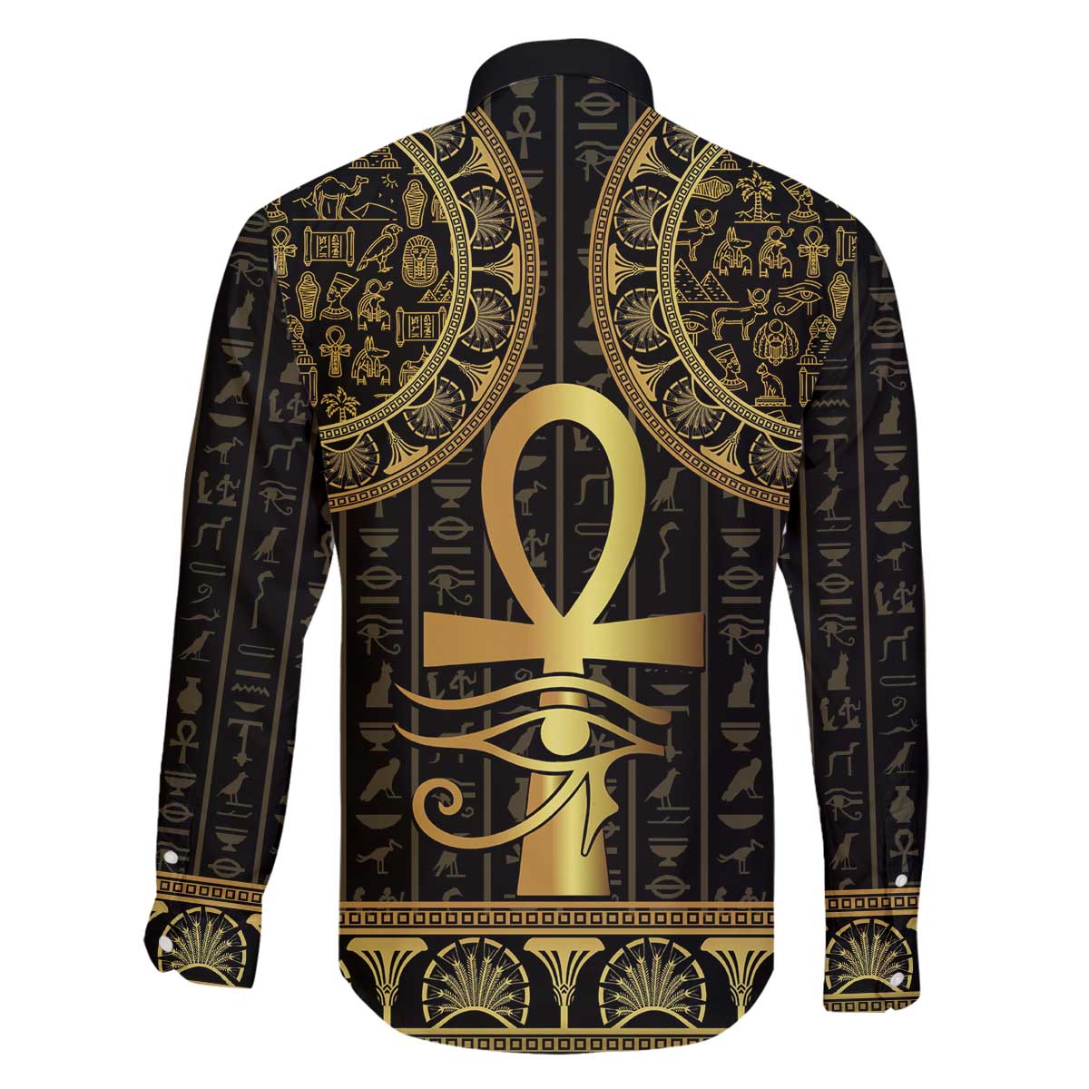 Ancient Egypt Ankh and Eye Of Horus Family Matching Off The Shoulder Long Sleeve Dress and Hawaiian Shirt Egyptian Hieroglyphs - Wonder Print Shop