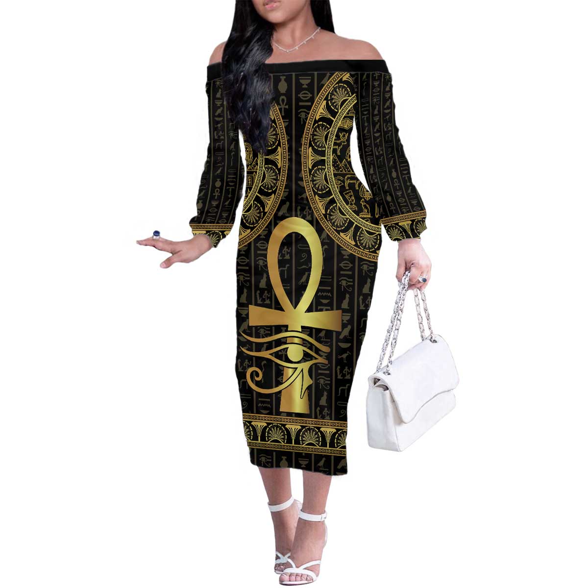 Ancient Egypt Ankh and Eye Of Horus Family Matching Off The Shoulder Long Sleeve Dress and Hawaiian Shirt Egyptian Hieroglyphs - Wonder Print Shop
