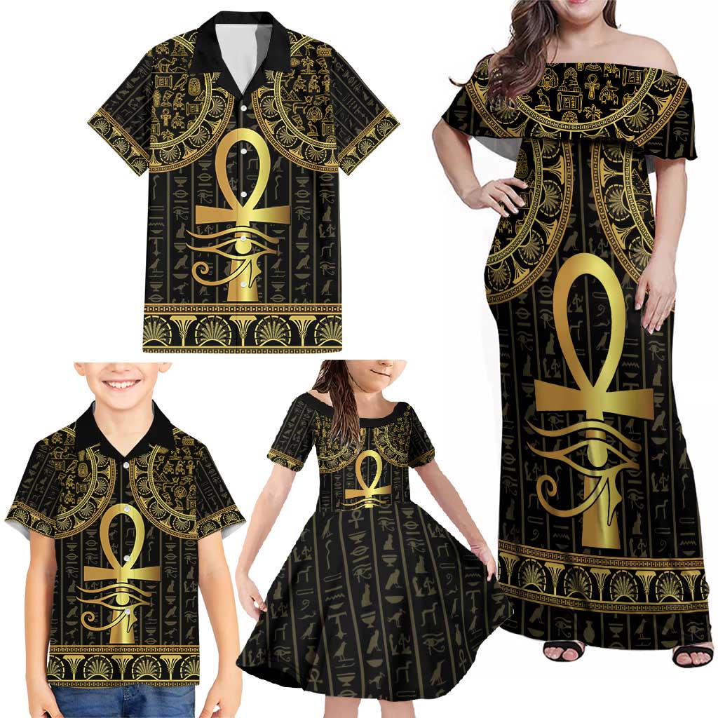 Ancient Egypt Ankh and Eye Of Horus Family Matching Off Shoulder Maxi Dress and Hawaiian Shirt Egyptian Hieroglyphs - Wonder Print Shop