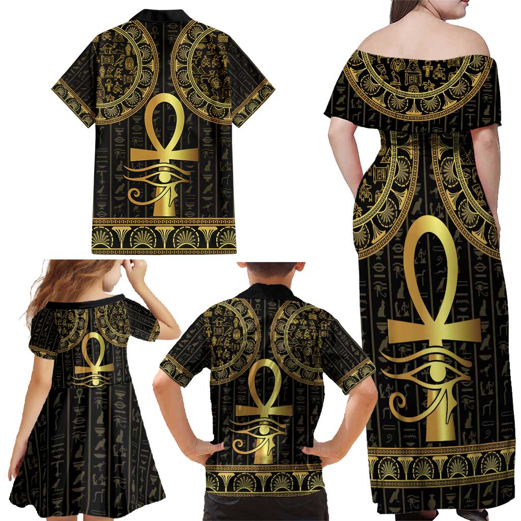 Ancient Egypt Ankh and Eye Of Horus Family Matching Off Shoulder Maxi Dress and Hawaiian Shirt Egyptian Hieroglyphs - Wonder Print Shop